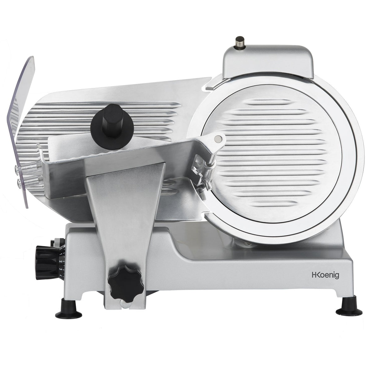 Cortadora de fiambre eléctrica H.Koenig MSX250, profesional, precisa, espesor de corte 0-12 mm, cuchilla italiana de 25 cm, afilador integrado, amplia bandeja, 282 rpm, plateado