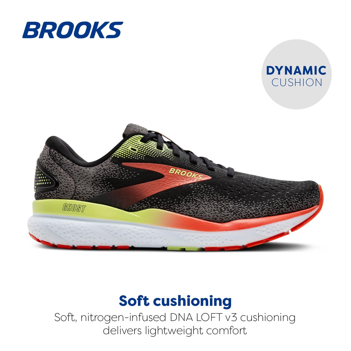 BROOKS Ghost 16, Sneaker Hombre, Negro/Rojo mandarín/Verde, 44 EU