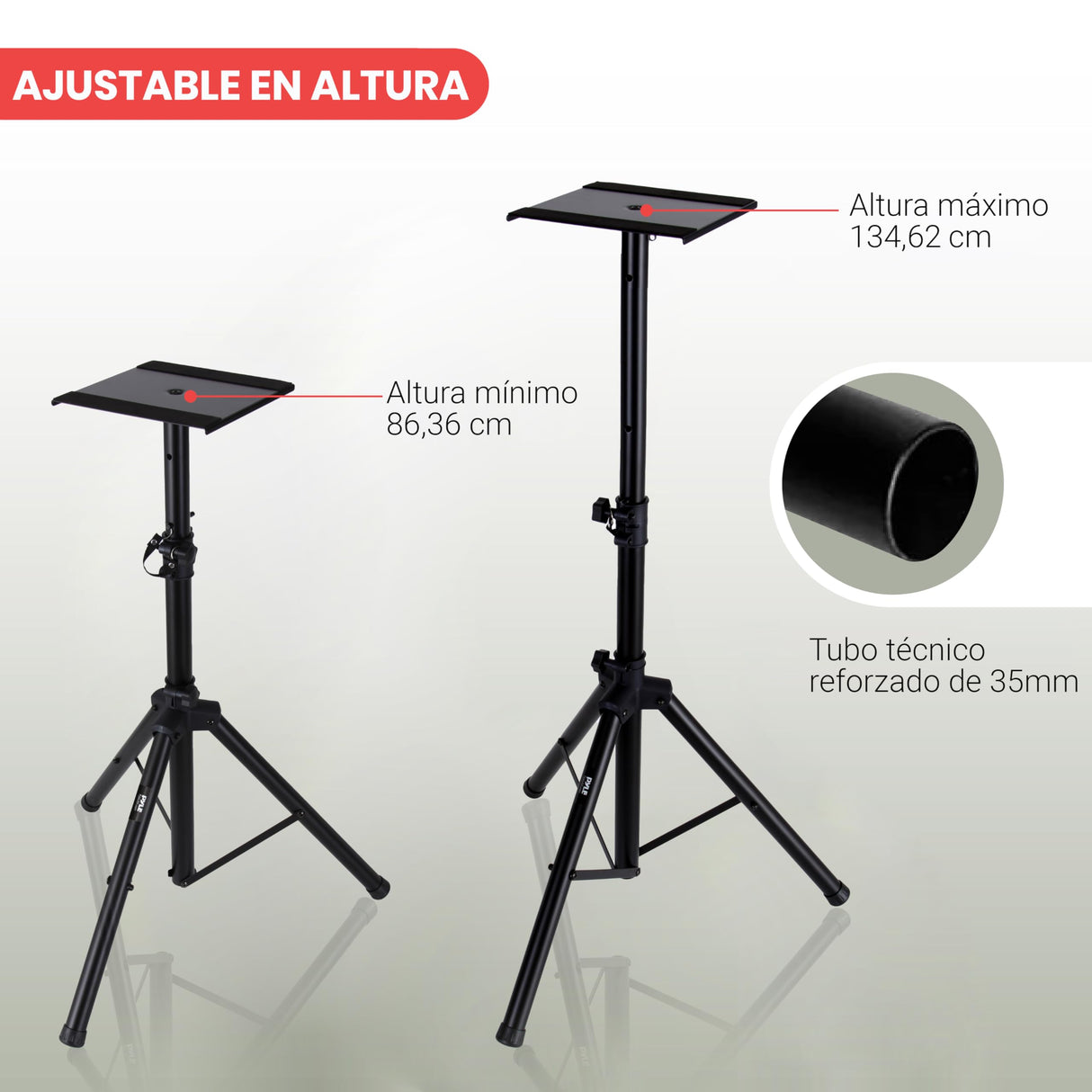 Pyle Soporte de Altavoz Monitor. Par de trípodes con Kit de Montaje. Ajustables en Altura de 86 a 134 cms. con Base de Metal Reforzado, Negro