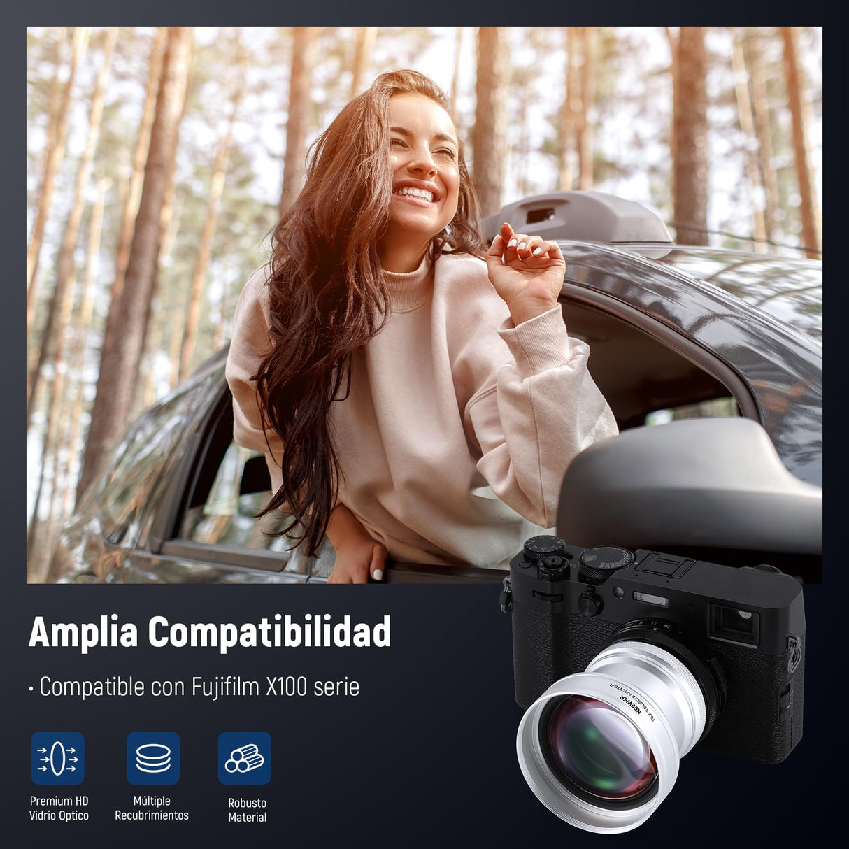 Neewer Teleconvertidor de Lente Adicional de 49 mm 1.5X, Compatible con cámaras Fujifilm X100 X100S X100F X100T X100V X100VI, Vidrio óptico HD, Multicapa, Plateado, LS-61