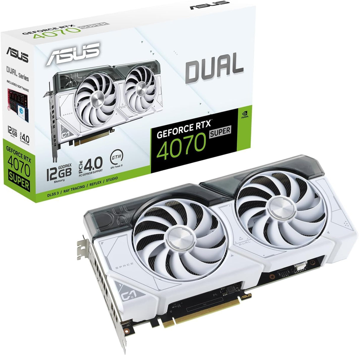 ASUS Dual GeForce RTX 4070 Super White - Tarjeta gráfica (PCIe 4.0, 12 GB GDDR6X, DLSS 3, HDMI 2.1, DisplayPort 1.4a, diseño de 2,56 Ranuras, Axial-Tech, tecnología 0dB, Auto-Extreme)