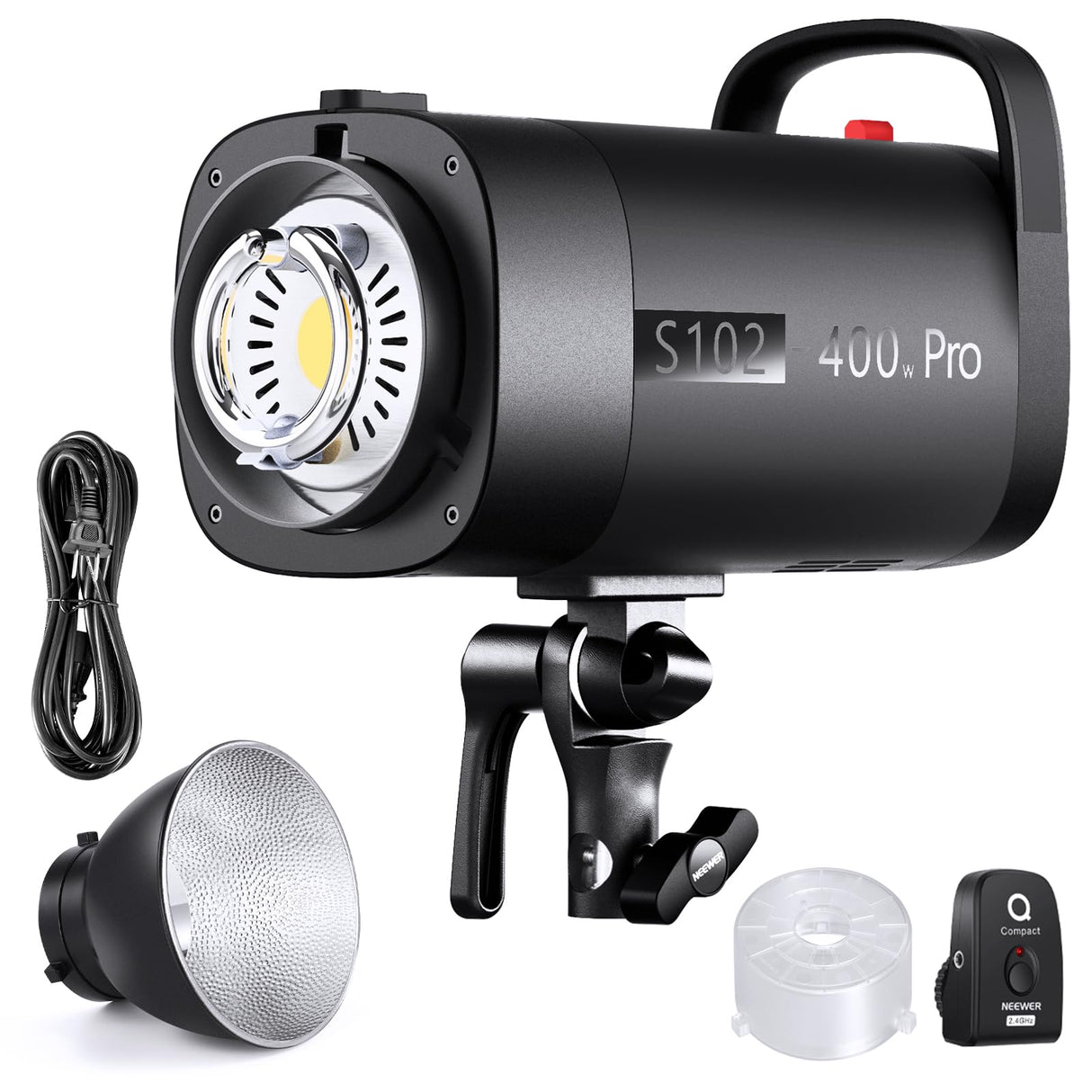 NEEWER S102-400W Pro Fash Luz Strobe con Disparador 2,4G, 400Ws GN62 5600K con 30W Lámpara de Modelar LED Reflector Montaje Bowens Modo S1/S2 Ventilador para Fotografía Productos,Compatible con QPRO