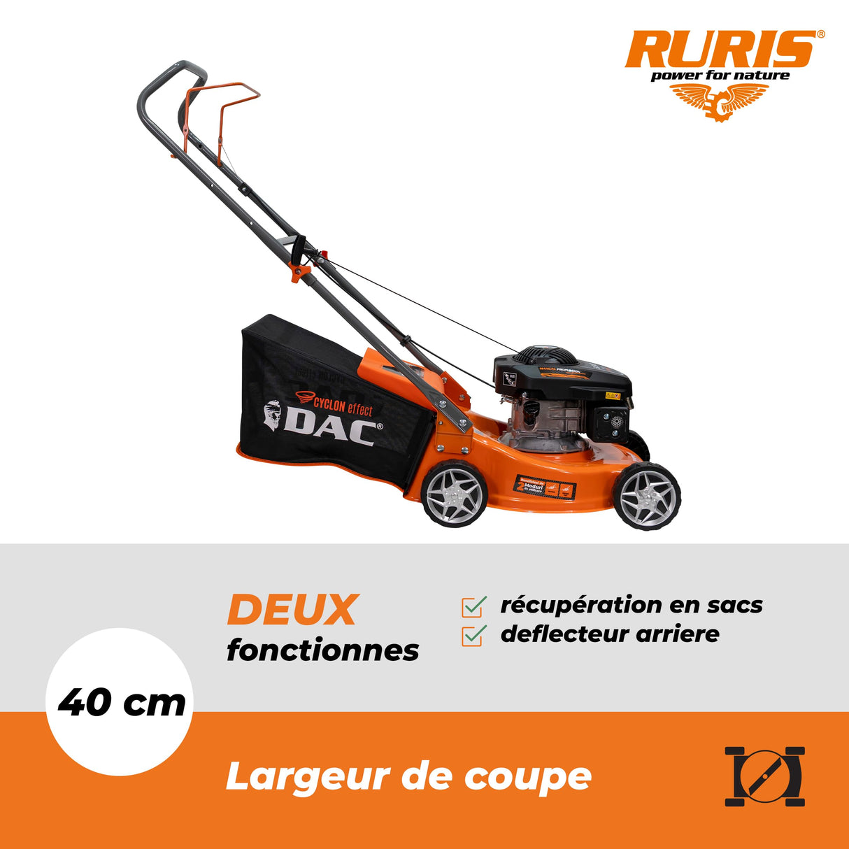 RURIS Césped Térmico DAC 100XLS - Motor 3,3 CV 131 CC - Ancho de Corte 40 cm - Bandeja de Recogida 45 L - Superficie de hasta 1300 m²