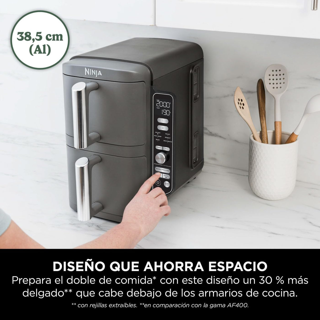 Ninja Double Stack XL Freidora de aire, 9,5 l, Doble cesta vertical, 4 niveles de cocción, 2 cestas y 2 rejillas, diseño para ahorrar más espacio, 6 funciones de cocción, 8 porciones, en gris, SL400EU