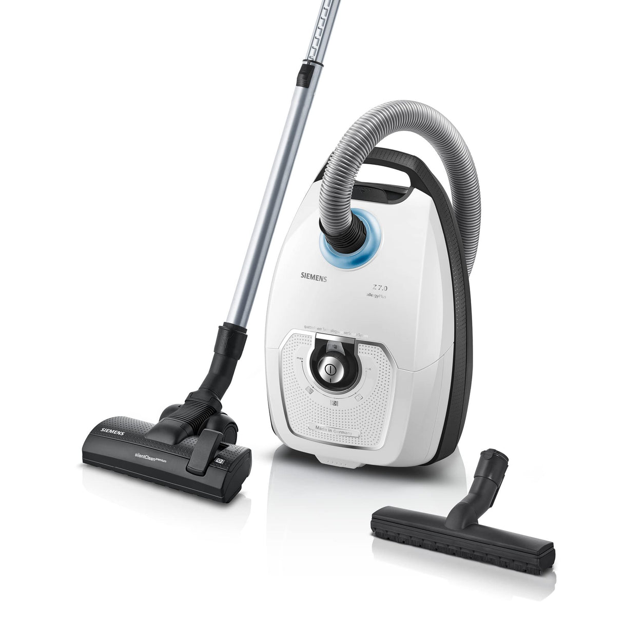 Siemens Aspirador con bolsa Z 7.0 VSZ7442S ideal para alérgicos, filtro higiénico Plus, extremadamente silencioso, boquilla de suelo para parqué, alfombra, baldosas, cable largo, boquilla XXL,