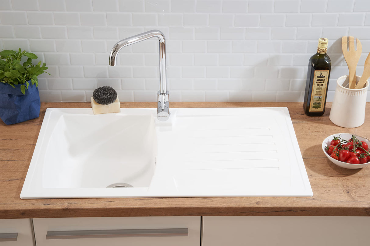 Respekta Boston Fregadero de Mineralite en blanco/Fregadero empotrado de 1 cubeta de 86 x 50 cm/Apto para bases a partir de 45 cm de ancho