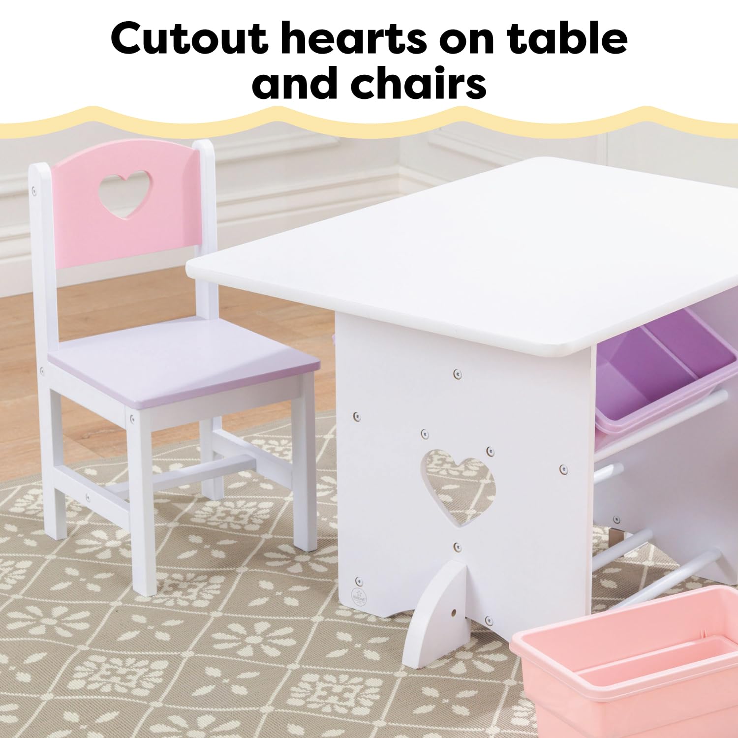 KidKraft Juego Infantil de Mesa y 2 sillas de Madera Corazón con Compartimentos de Almacenamiento, Muebles para Salas de Juego y Dormitorio de niños (26913)