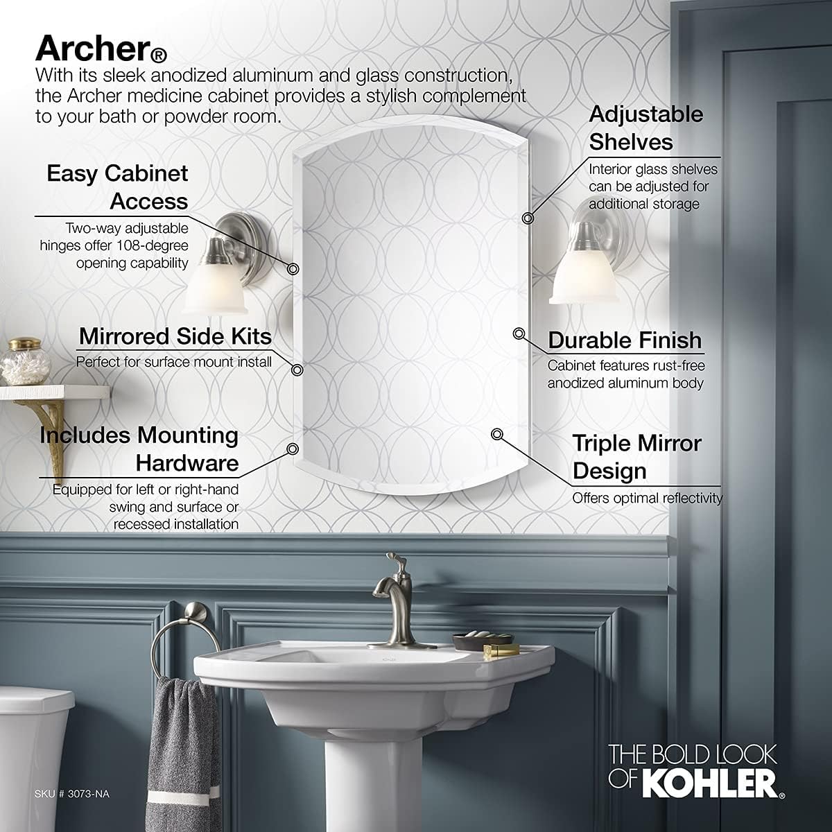 KOHLER, Botiquín de baño, Puerta única con Espejo, Bordes biselados, Aluminio anodizado