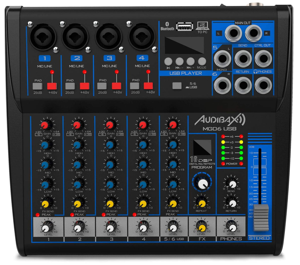 Audibax MG06 USB Mesa Mezclas 6 Canales con Bluetooth, MP3,USB Rec y Efectos