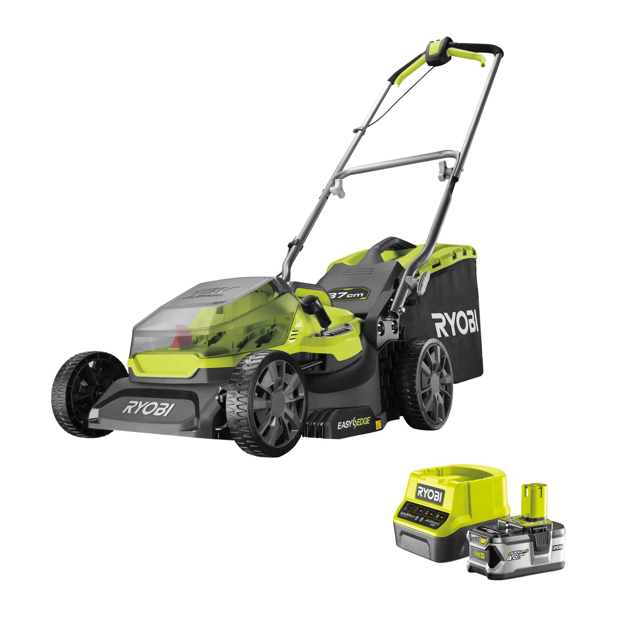 RYOBI Cortacésped Inalámbrico 18V One+ Ancho 37cm, 6 Alturas, EasyEdge y Mulching – Batería 4.0Ah, Cargador y Recogedor 45L