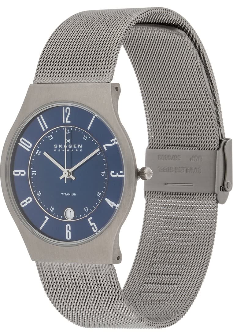Skagen Reloj Sundby Titanium para Hombre, movimiento de cuarzo a tres agujas con Correa de Acero Inoxidable o piel, 37 mm, Gris Y Azul