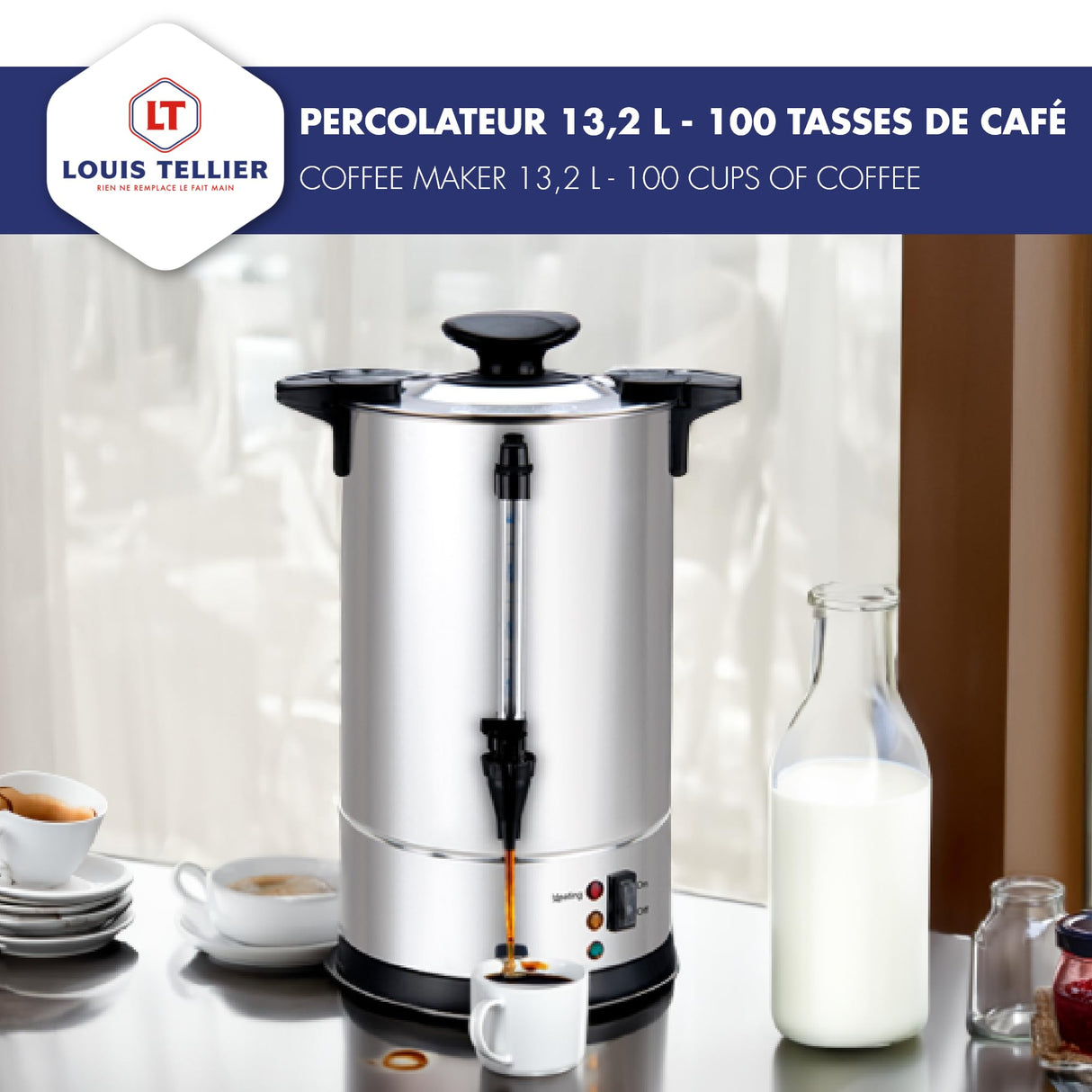 Louis Tellier - Percolador de café profesional - Capacity 13,2 L - 100 Tazas - Acero Inoxidable - Grifo de Goteo