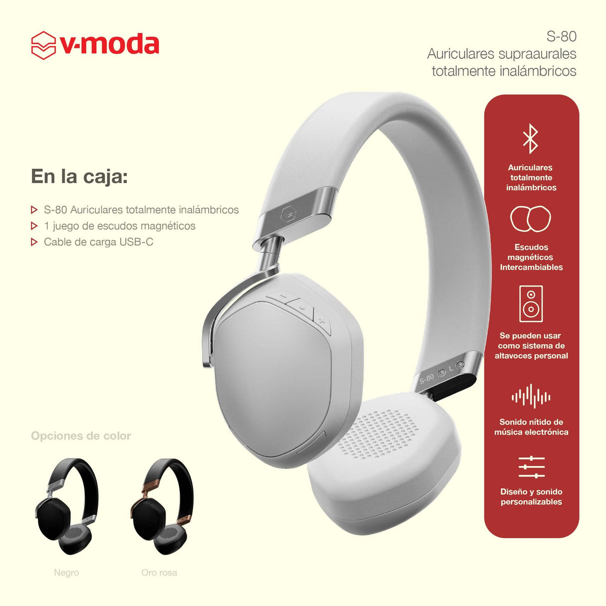 V-Moda S-80 | Auriculares supraaurales Totalmente inalámbricos | Sistema de Altavoces Personal | Diseño Elegante |Sonido Potente, Ajustado para la música electrónica | App de edición móvil | Blanco