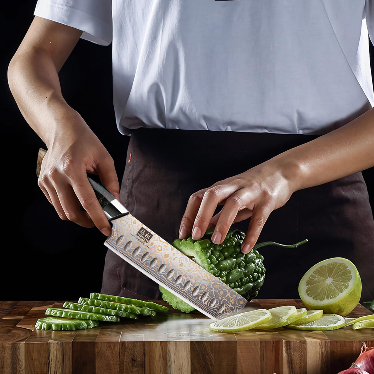 SHAN ZU Cuchillo Nakiri Damasco de Cobre y Acero 33 capas, Cuchillo de Cocina Damas, Cuchillo para Verdura Japonés Forjado a Mano con Mango de Madera de Arce - VENUS Series