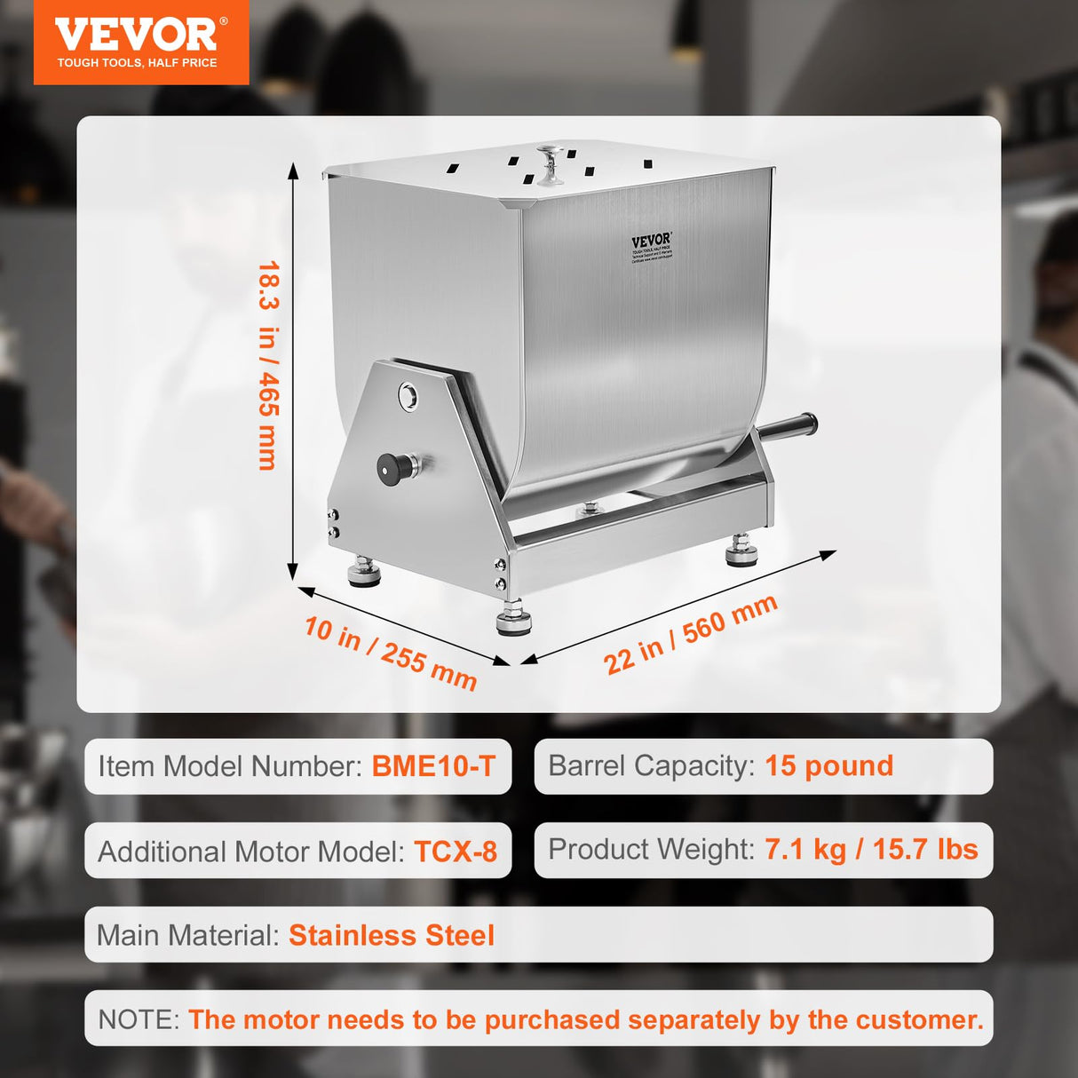 VEVOR Mezcladora de carne manual, mezcladora de carne con tanque inclinado con capacidad de 15 libras, equipo de procesamiento de carne de acero inoxidable
