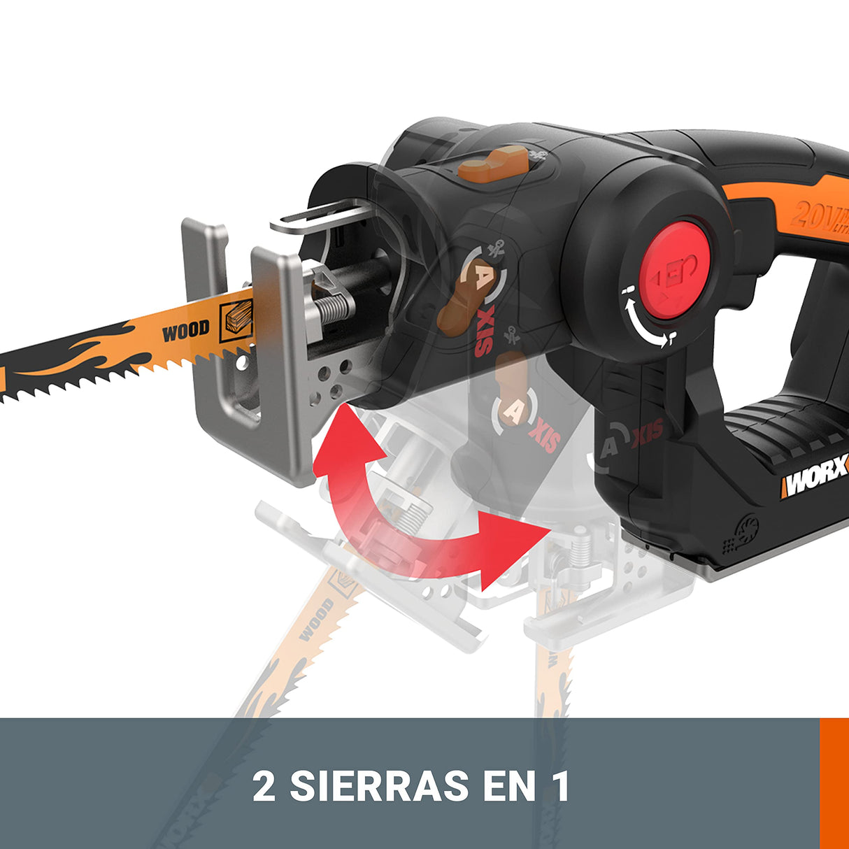 WORX WX550 Sierra sable y de calar 2 en 1 20V PowerShare, Batería 2Ah, Cambio de cuchilla sin herramientas, Velocidad variable, Negro, Naranja