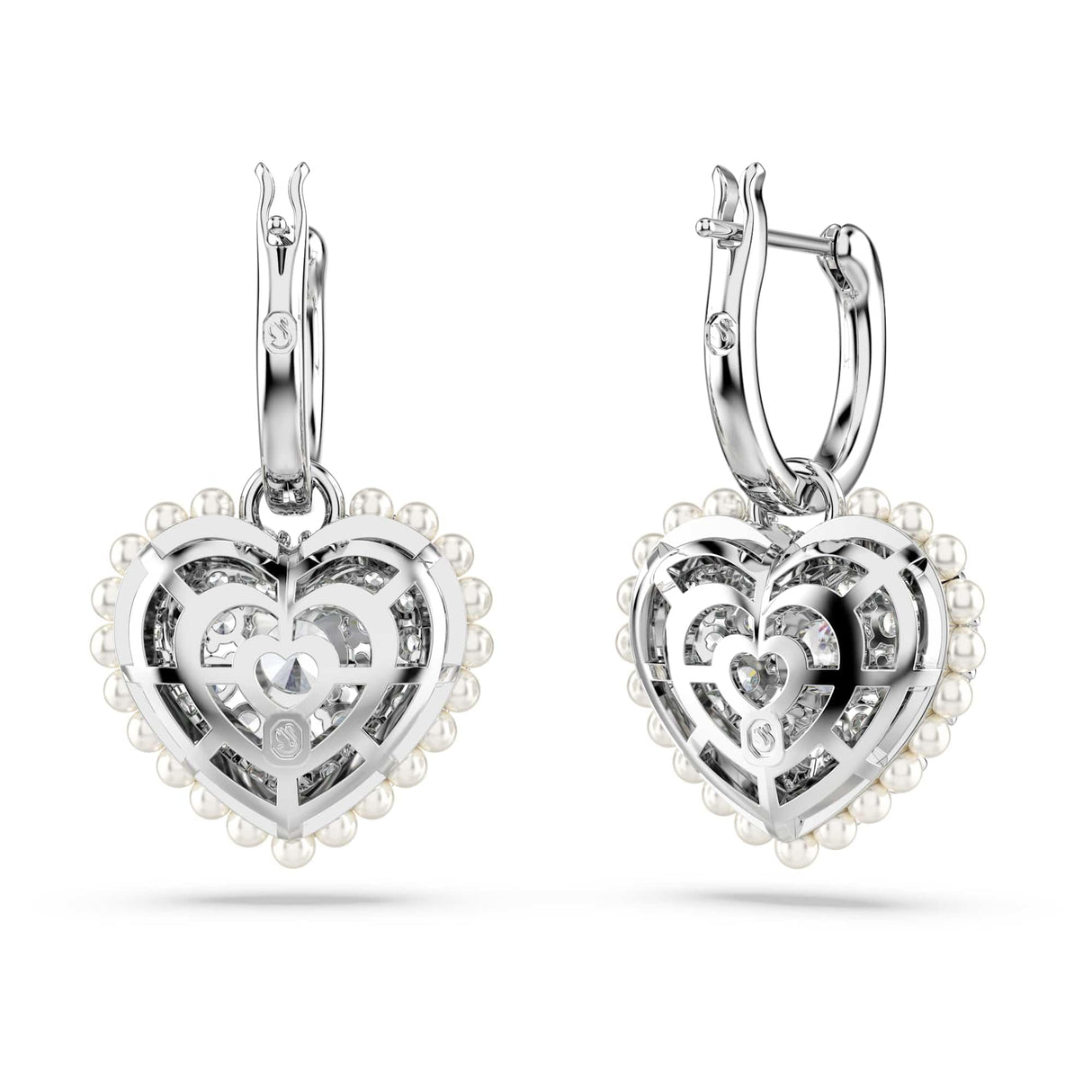 Swarovski Pendientes Idyllia, Perla de cristal, Corazón, Blancos, Baño de rodio