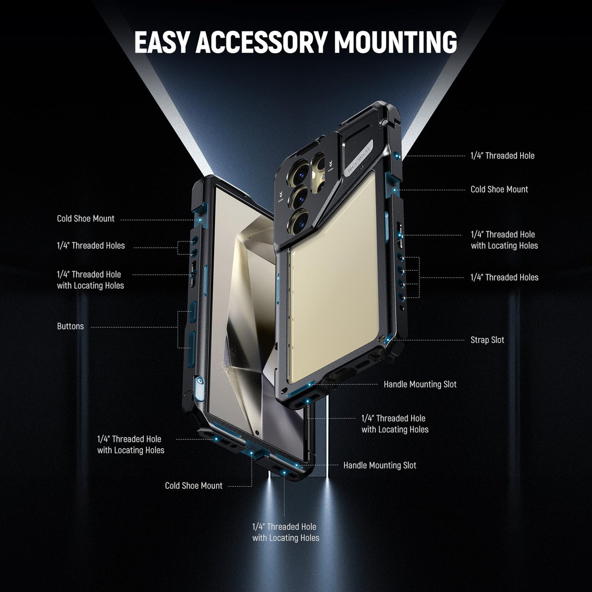 NEEWER PA042 S24 Ultra Handy Cage Jaula Video Rig Estabilizador con PA045S Mango Lateral, PA045E Bluetooth Disparador Mango de 67 mm Filtro Adaptador de 17 mm Placa de Lente Trasera, T Mount Adaptador