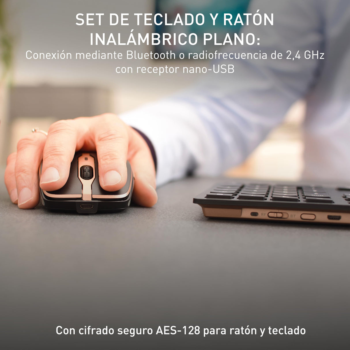 CHERRY DW 9100 SLIM, Pack de Teclado y Ratón Inalámbricos, Distribución de Teclado Europeo (QWERTY), Bluetooth y Radiofrecuencia de 2,4 GHz, Teclas Silenciosas, Recargable, Negro/Bronce