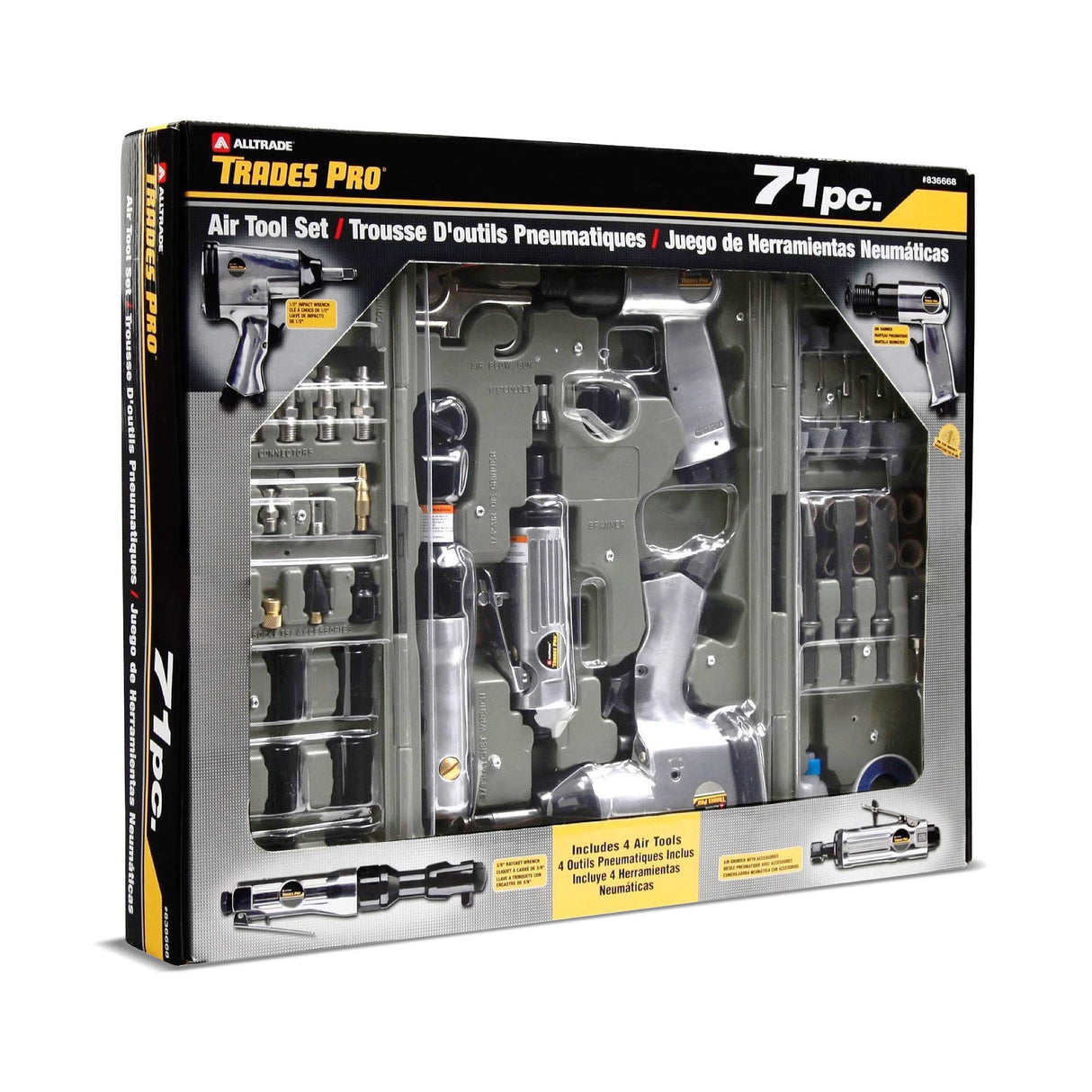 Trades Pro 836668 - Kit de herramientas y accesorios de aire, 71 piezas, llave de impacto, trinquete de aire, amoladora, martillo de aire, accesorios de manguera, estuche de almacenamiento
