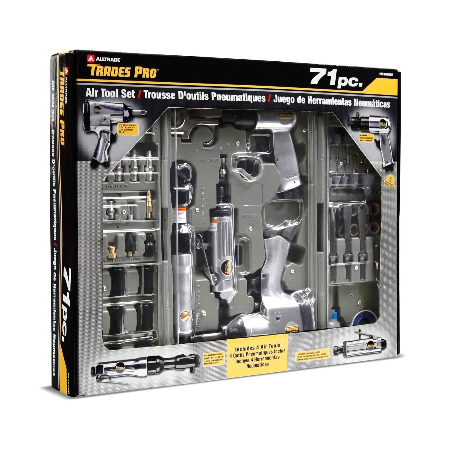 Trades Pro 836668 - Kit de herramientas y accesorios de aire, 71 piezas, llave de impacto, trinquete de aire, amoladora, martillo de aire, accesorios de manguera, estuche de almacenamiento