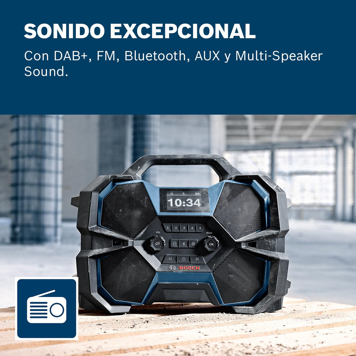 Bosch Professional 18V/12V System radio a batería GPB 18VH-6 SRC (carga interna para 18 V y 12 V, incl. abrebotellas, 2 pilas AAA, película protectora de pantalla, sin batería/cargador)