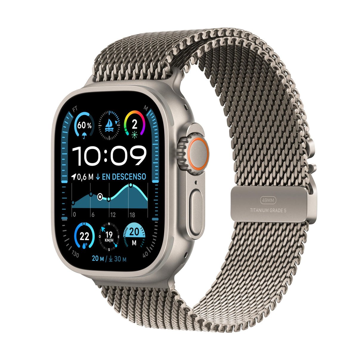 Apple Watch Ultra 2 GPS + Cellular Smartwatch, reloj deportivo con caja de titanio natural resistente 49 mm y Pulsera Milanese Loop en titanio Natural - Talla S. Monitor de entreno y neutro en carbono