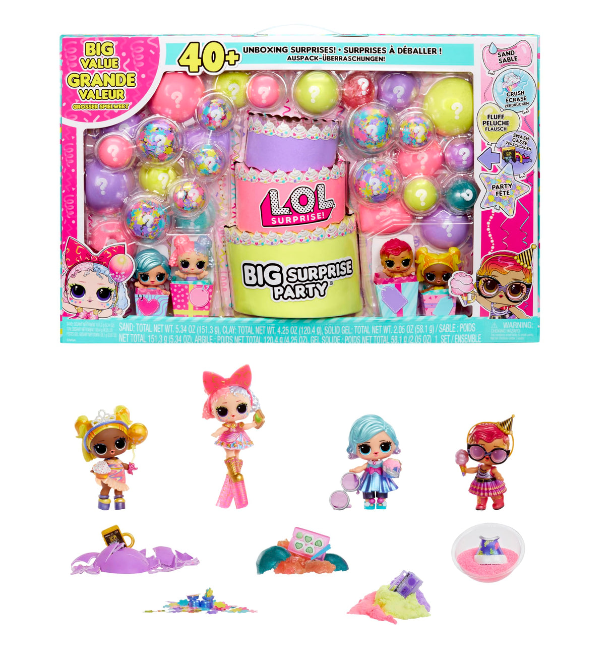L.O.L. Surprise! Big Surprise Party - 4 Muñecas Coleccionables, 40+ Sorpresas, 5 Experiencias Unboxing, Moda, Arena, Gel Crush, Shell Smash, Fluff, Party Confetti, Regalo para Niñas a Partir de 4 Años