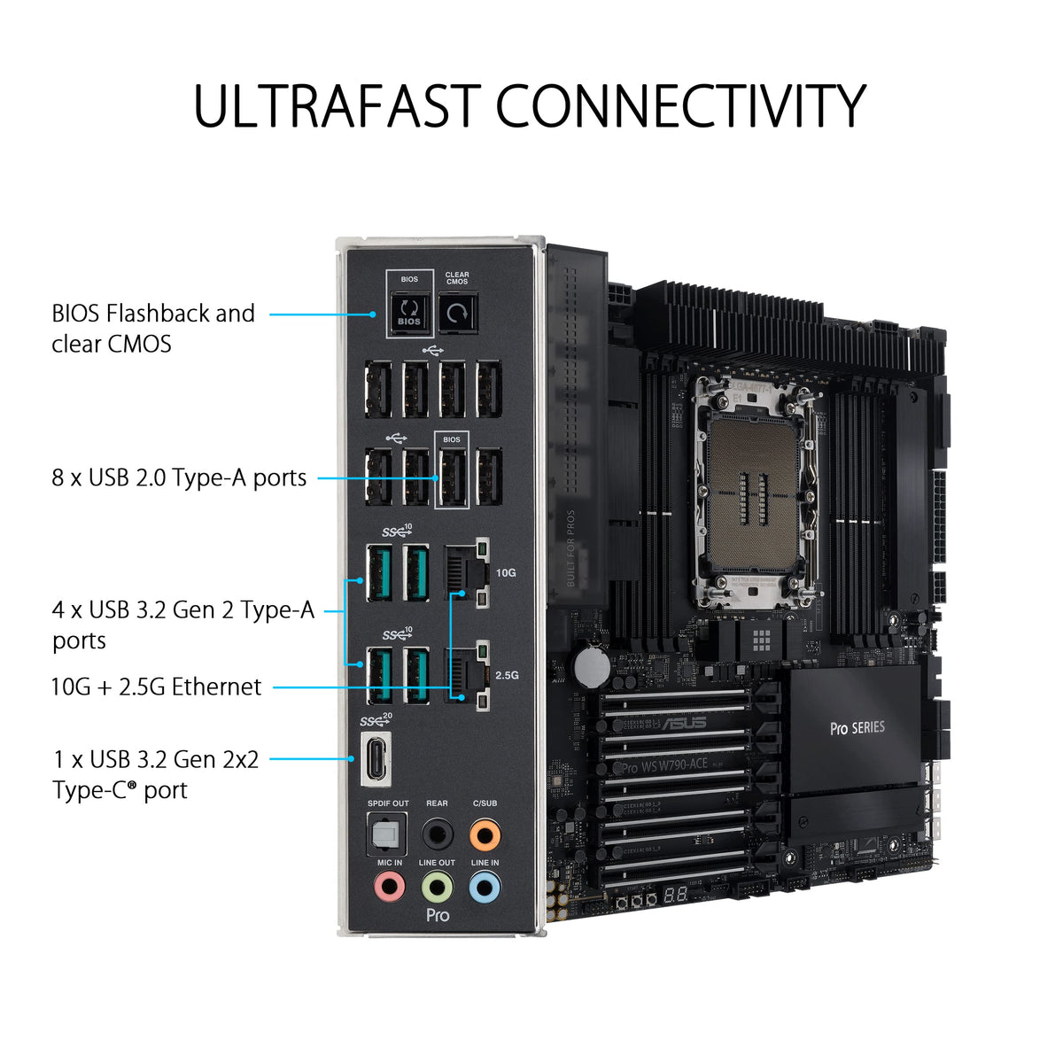ASUS Pro W790-ACE Placa Base Intel W790 (LGA 4677 CEB con PCIe 5.0 x16, M.2, LAN 10G y 2.5G, gestión remota de Nivel de Servidor, 12+1+1 DrMOS, USB 3.2 Gen 2x2 Type-C Frontal y Trasero), Negro
