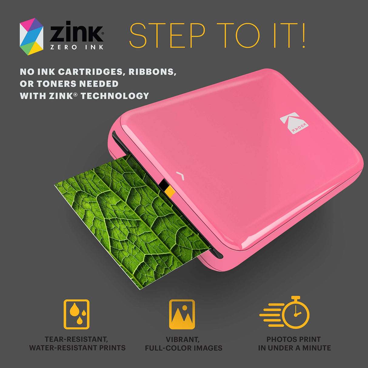 KODAK Step Impresora de fotos instantánea para smartphone - Mini portátil inalámbrica en color - Fotos adhesivas Zink 2x3” - Bluetooth compatible con iOS y Android - App de edición divertida - Rosa