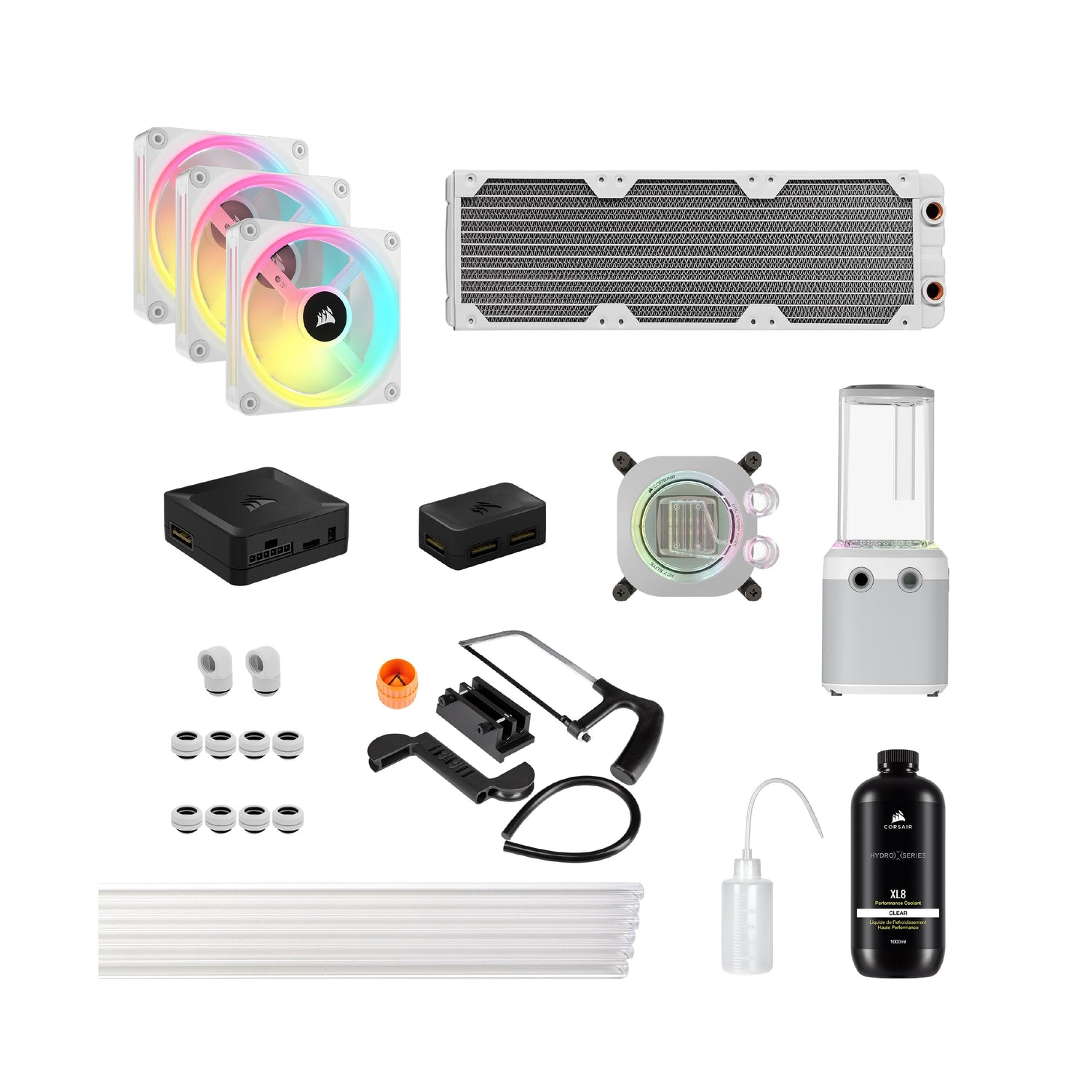 CORSAIR Hydro X Series iCUE LINK XH405i Kit de Refrigeración Personalizada - Bloque de Refrigeración Líquida para CPU XC7 ELITE - Bomba XD5 ELITE D5 Res - 3 Ventiladores QX120 RGB - Blanco