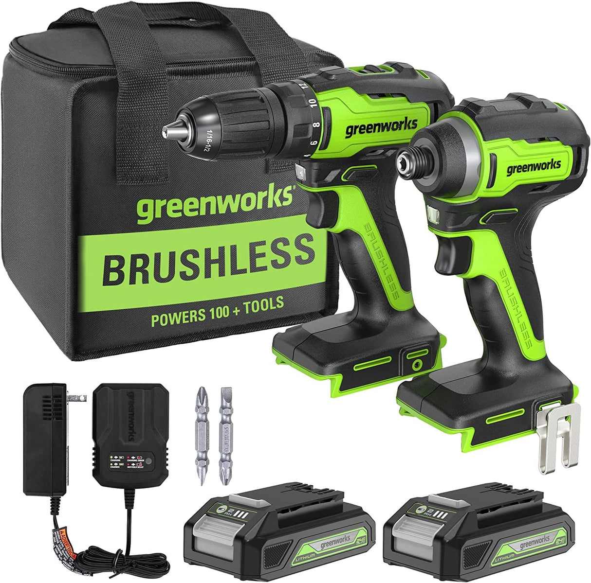 Greenworks GD24DD35K2 Taladro Atornillador y GD24ID200 Taladro de Impacto CON 2 x 24V 2Ah Baterías y Cargador, Garantía de 3 Años