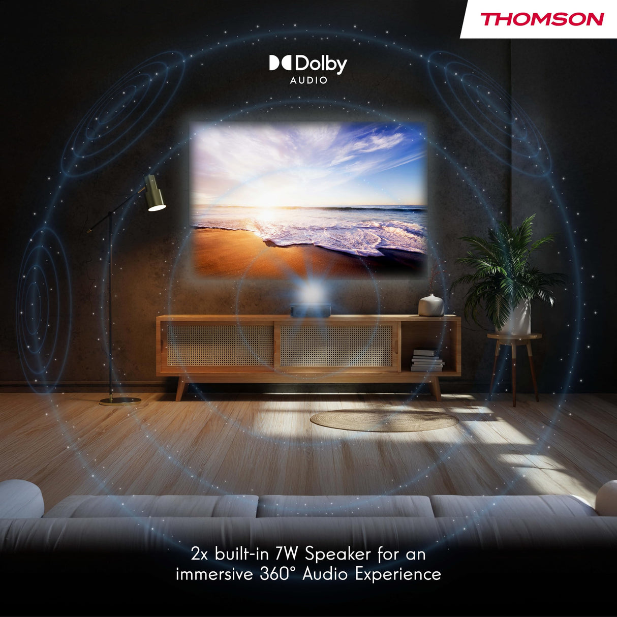 Thomson Sirius PG55B Proyector Láser RGB Inteligente, Tiro Ultra Corto, Full HD 1080p, Google TV, 600 ANSI, Auto Enfoque, HDR10+, Dolby Digital+, Batería, WiFi, Bluetooth