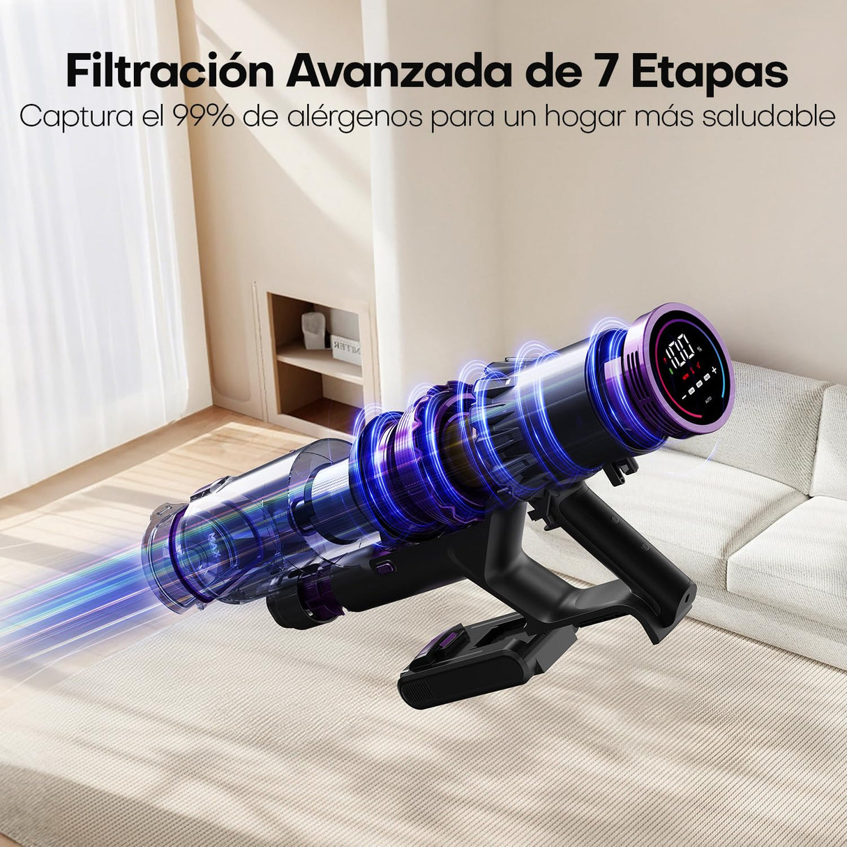 AROEVE 500W/45KPA/60min Aspiradora Escoba sin Cable con Pantalla LED, Modo Auto, Filtro 7 Etapas, Motor Brushless y Cepillo V para Suelos, Pelos, Alfombras, 500 W, 1 Liter, Morado