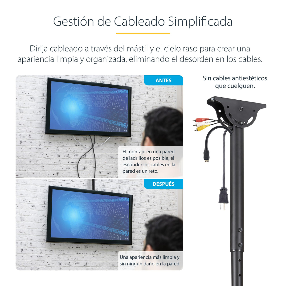 StarTech.com Soporte de Techo VESA para Montaje de Pantallas y TV de 32 a 75 Pulgadas con Mástil de hasta 3m - Ajustable
