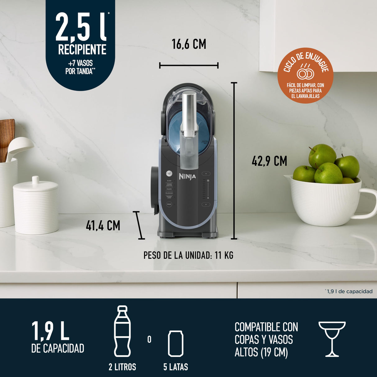 Ninja SLUSHi Procesador profesional de bebidas congeladas, granizados, cócteles, zumos congelados, frappés y batidos, sin hielo ni preparativos previos, WhisperChill, 1,9 l, azul y gris, FS301EU