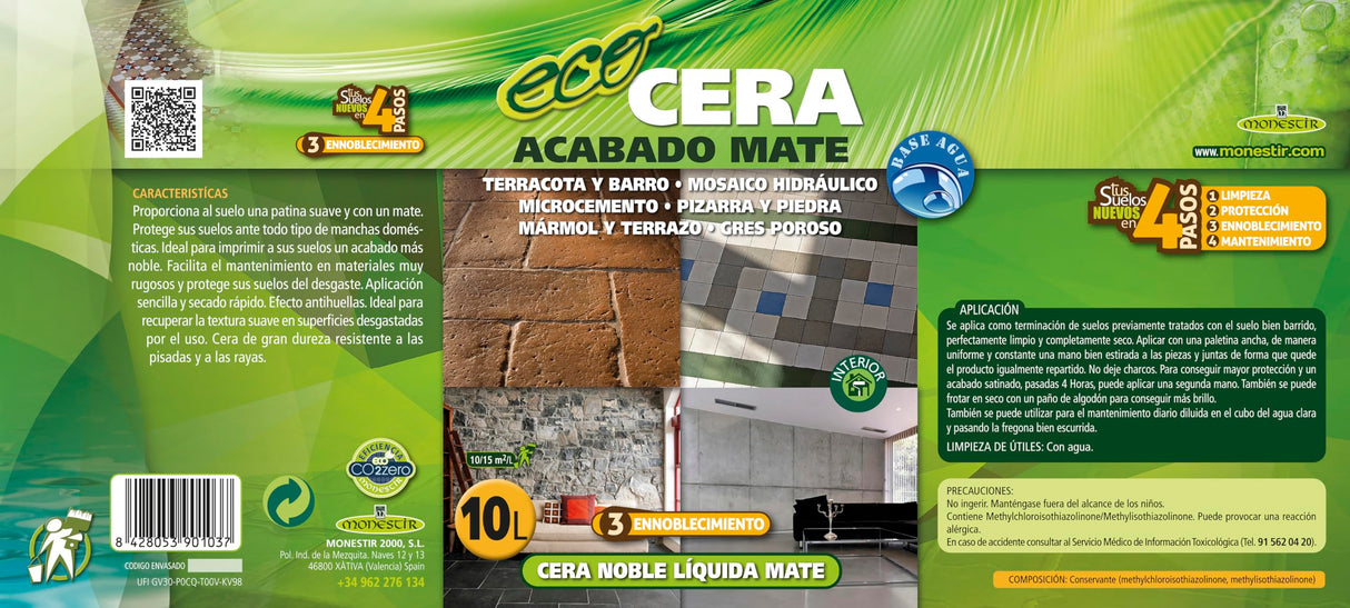 Monestir Cera Noble Líquida Mate para encerado de barro y suelos de Terracota, mármol envejecido y mosaico hidráulico 10L