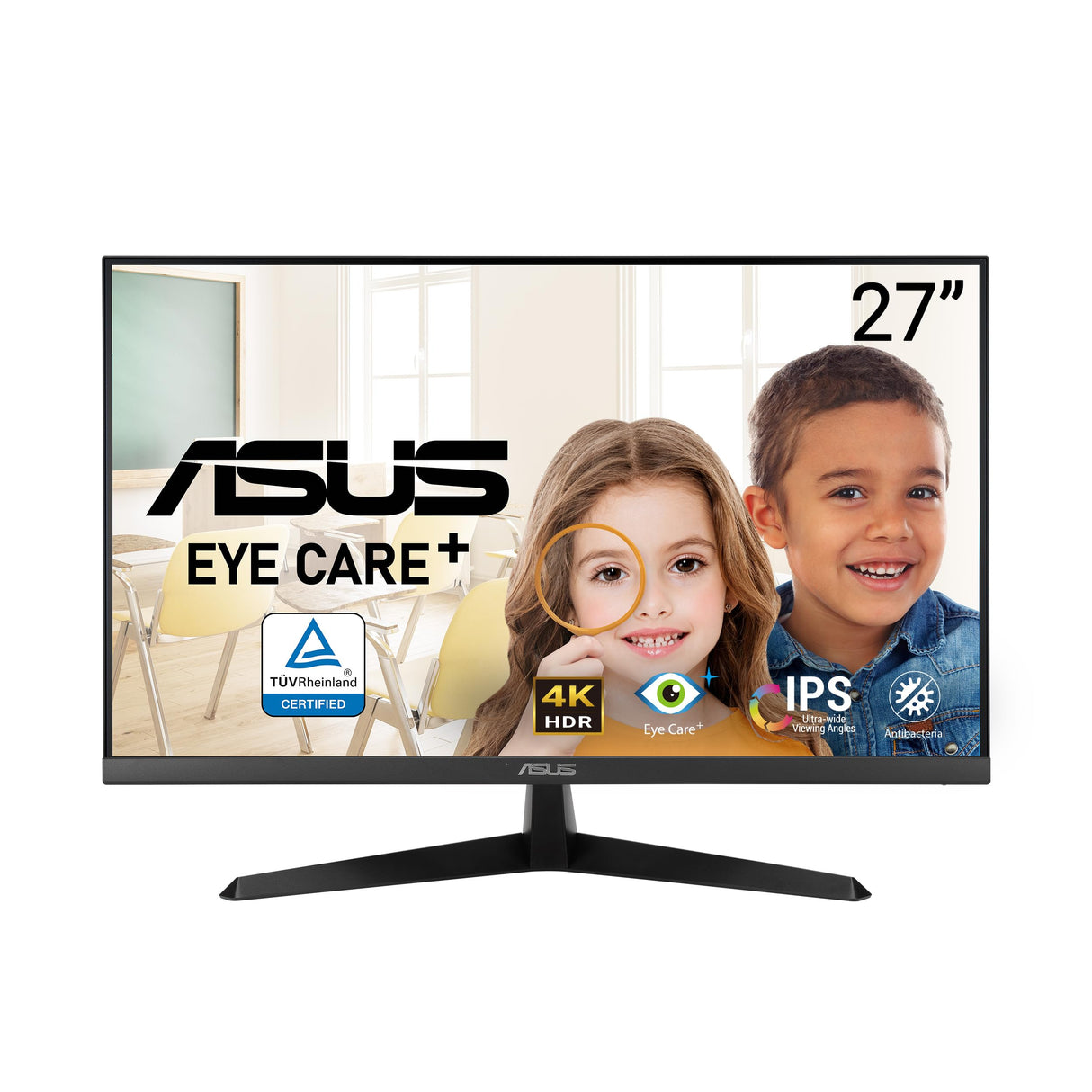 ASUS VY27UQ Monitor Eye Care de 27 Pulgadas 4K, 3840 x 2160, IPS, HDR-10, Adaptive Sync, tecnología Eye Care Plus, Filtro de luz Azul, antiparpadeo, Tratamiento Antibacteriano