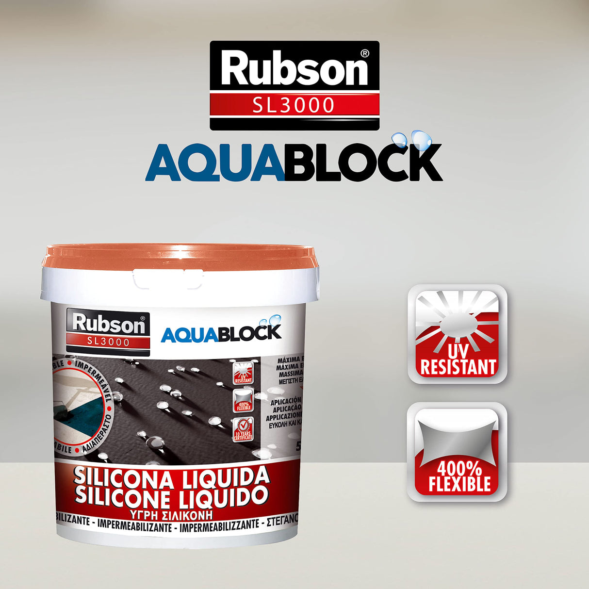 Rubson Aquablock SL3000 Silicona Líquida teja, impermeabilizante líquido para prevenir y reparar goteras y humedades, silicona elástica con tecnología Silicotec, 1 x 25 kg