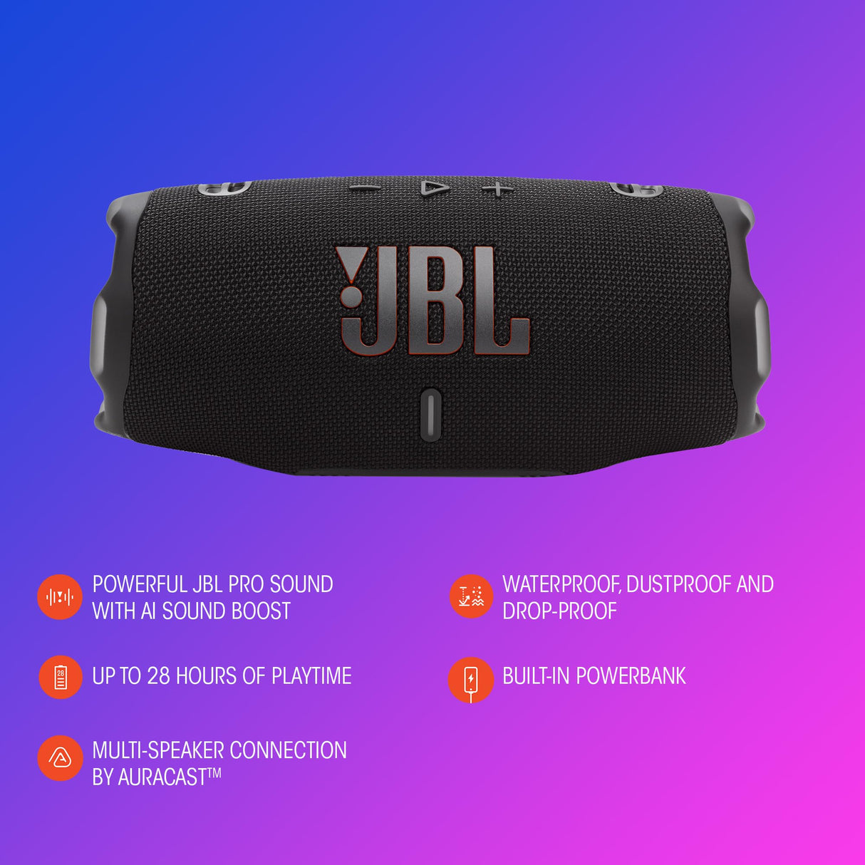 JBL Charge 6, Altavoz Bluetooth portátil inalámbrico, 28h de batería, Resistencia al Agua IP68, a Prueba de Polvo y caídas, Sonido Pro con AI Sound Boost, Compatible con Auracast, Azul