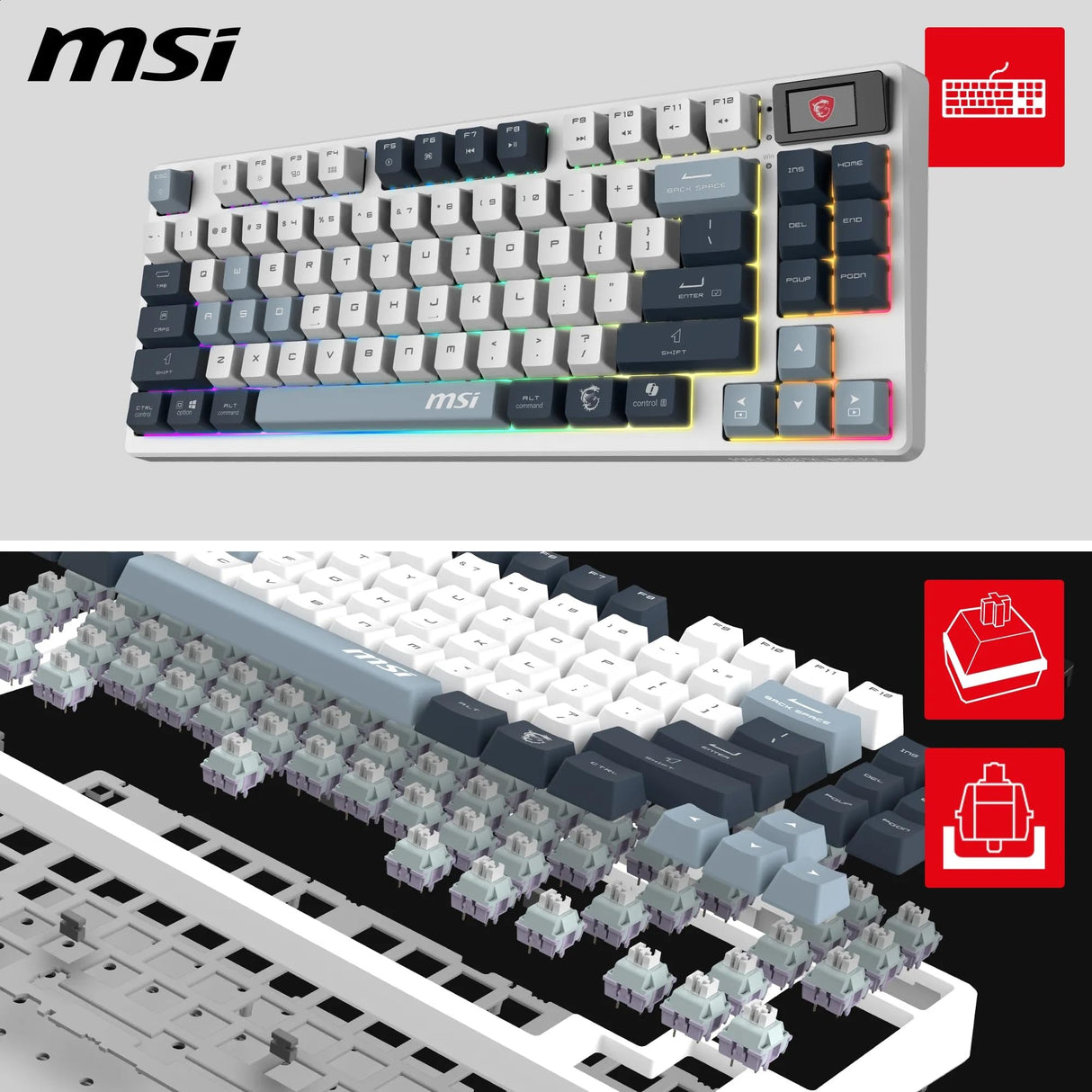MSI Forge GK600 TKL Wireless Sky FR - Teclado AZERTY mecánico con interruptores lineales - Teclas PBT Impresas por sublimación, Base Antideslizante, LED RGB, USB 2.0, Bluetooth, 2.4 GHz - Tenkeyless
