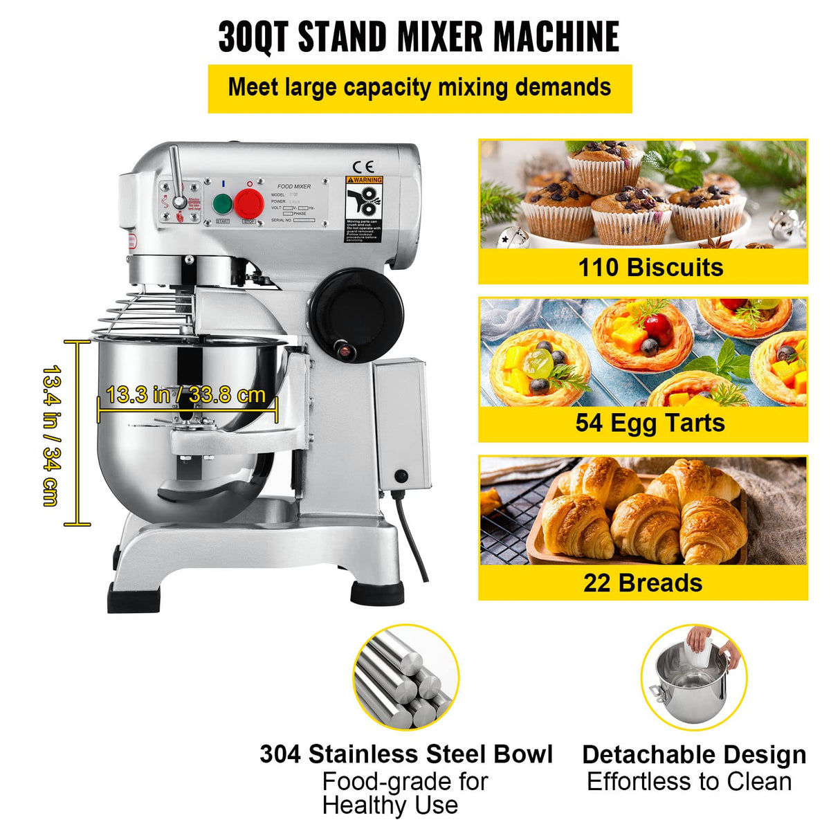 VEVOR Batidora Amasadora 30 L, Amasadoras Repostería Profesional, de Acero Inoxidable, Batidora Amasadora Repostería Multifuncional de Pan, con 3 Velocidades Ajustables, 3 Accesorios de Mezcla