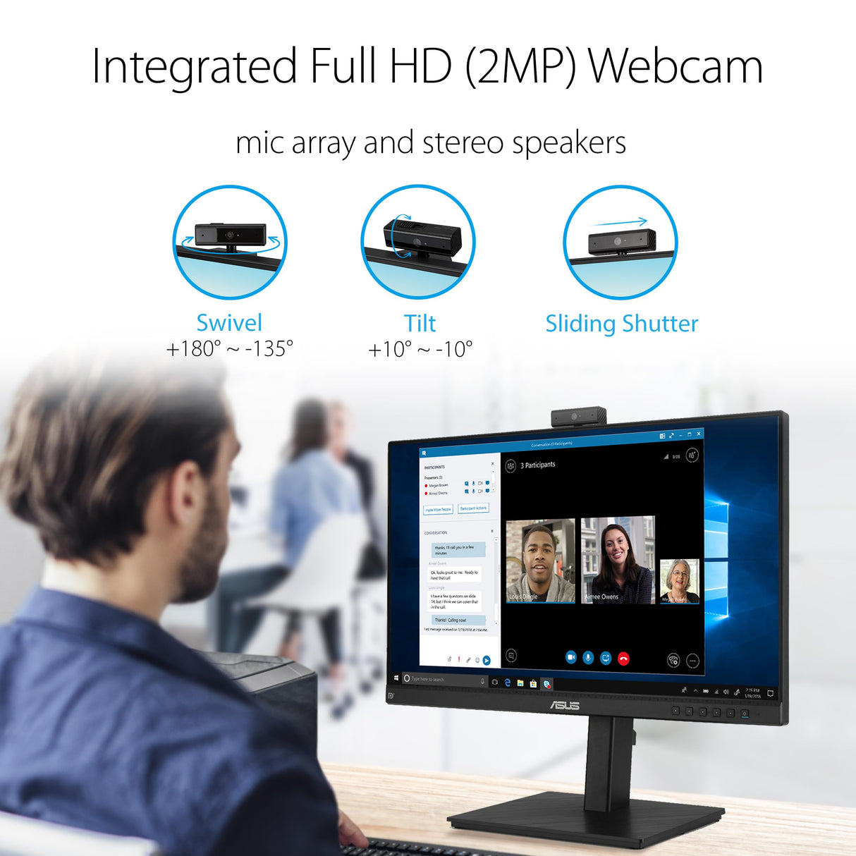 ASUS BE24EQSK - Monitor Profesional de 23.8" FullHD (1920x1080, IPS, 16:9, HDMI, Display Port, 60 Hz, 5 ms, Altavoces 2W x2, cámara Web 2.0M, antiparpadeo, luz Azul de Baja Intensidad), Negro