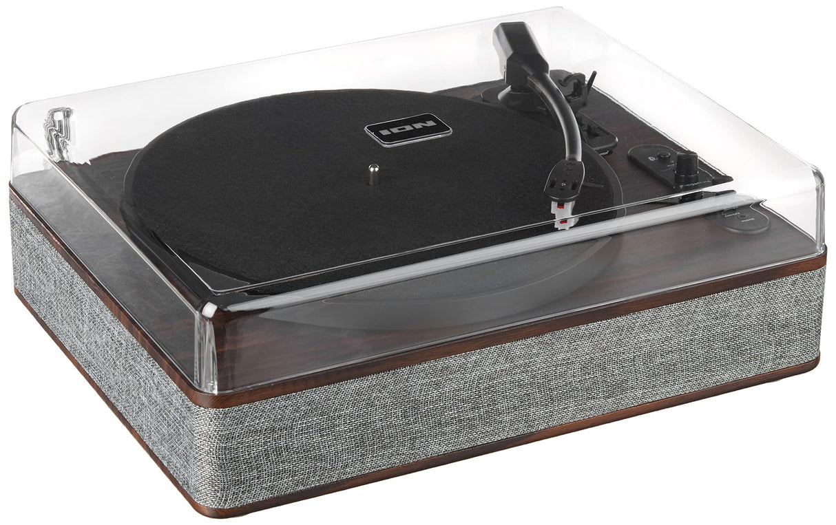 ION Audio Luxe LP - Tocadiscos de Vinilo Bluetooth con Altavoces, conversión USB, Plato de tamaño Completo, Auto-Stop, Salida de Auriculares, 3 velocidades, Madera Tintada