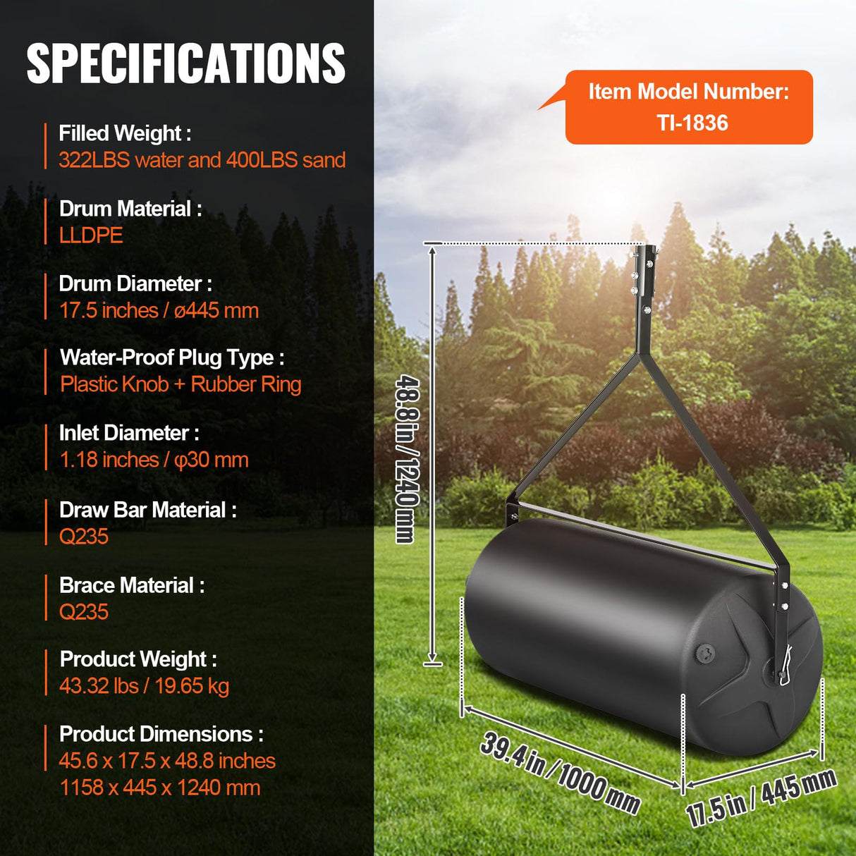 VEVOR Rodillo para Césped 400 Libras 181 L Rodillo para Jardín Relleno de Arena/Agua LLDPE Rodillo para Césped Marco de Acero con Tapa Fácil Giro Remolque Detrás del Tractor ATV para Jardín Granja