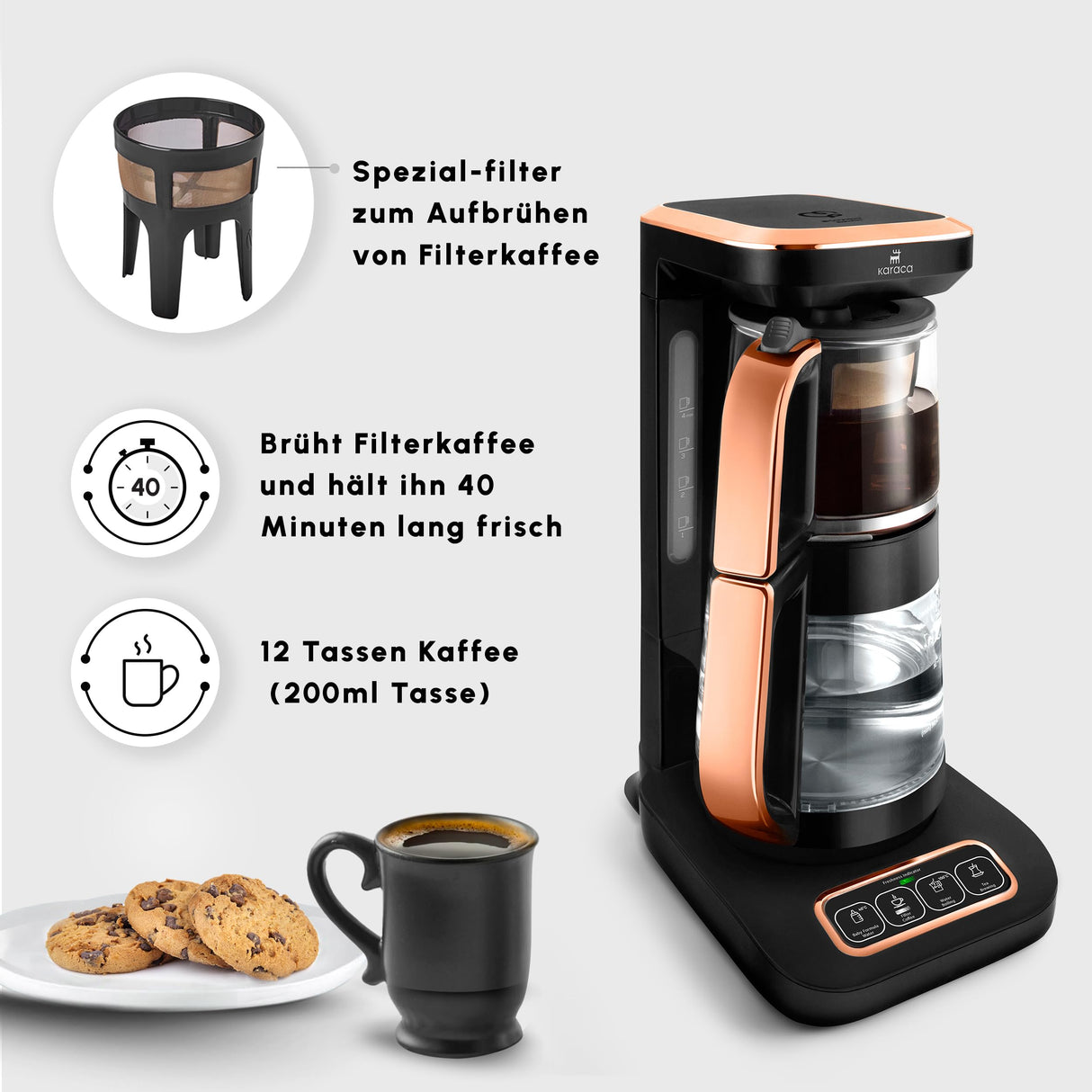 KARACA Robotea Pro Hervidor automático parlante 4 en 1 - Hervidor de agua y cafetera de filtro - 2500 W - Black Copper