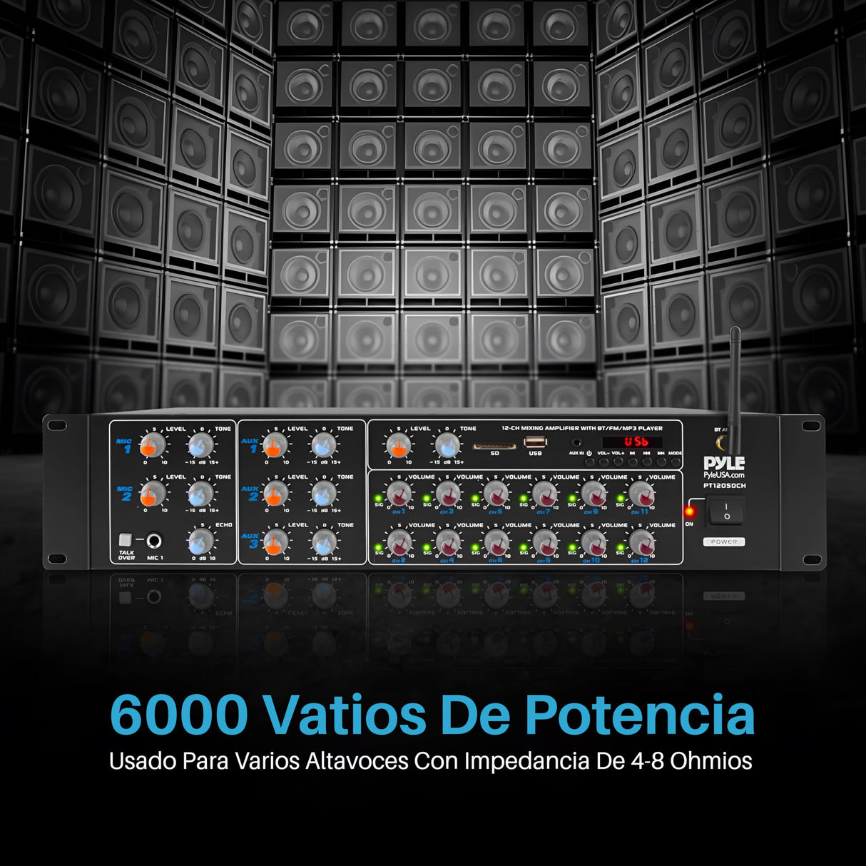 Pyle Amplificador de Sonido, 4000W, Bluetooth, Inalambrico, Sistema de Caja de Receptor Estereo, para el hogar, 8 Canales, RCA, USB, AUX, Altavoces, PA, Teatro, Estudio, Escenario