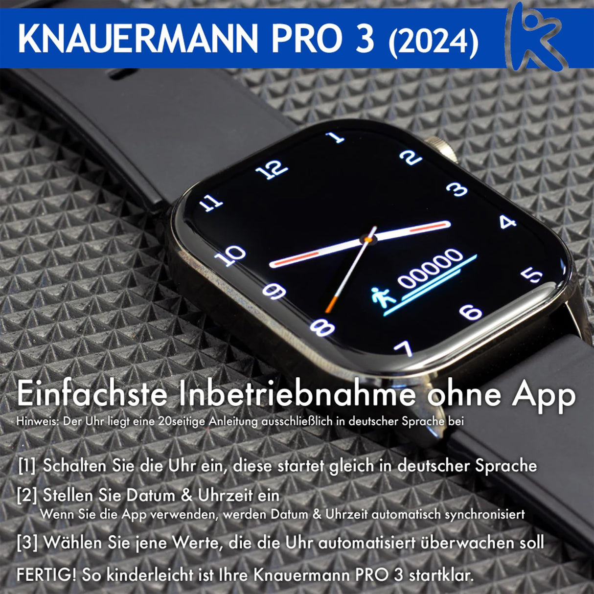 Knauermann Pro 3 (2024) Negro – Reloj Sanitario Smartwatch con función telefónica – Sensores OSRAM – Función ECG + HRV – BT Bluetooth – apnea del sueño – presión Arterial – Correa de auténtica,