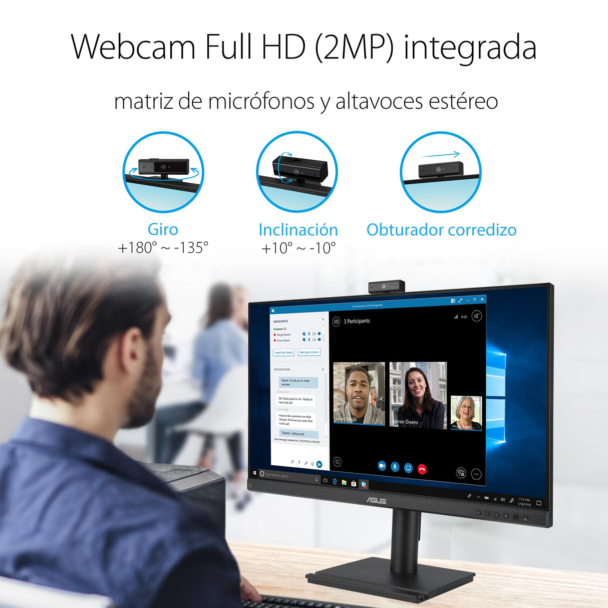 ASUS BE249QFK - Monitor para videoconferencias de 24", Full HD, IPS, 100 Hz, sin Marco, cámara Full HD, ergonómico, HDMI, Eye Care, Baja luz Azul, antiparpadeo, Montaje en Pared, sostenibilidad