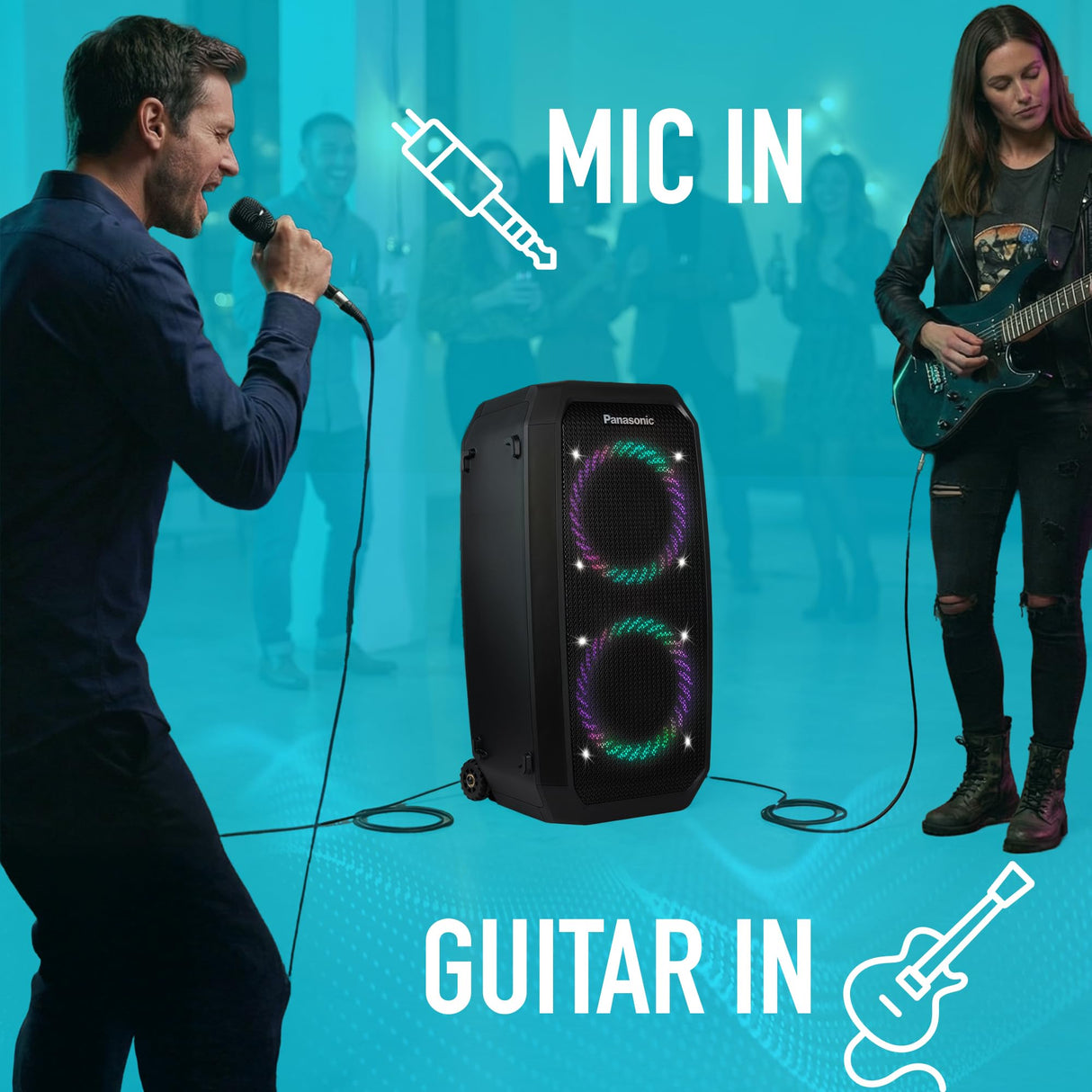 Panasonic SC-BMAX30 Altavoz Portátil para Fiestas con Bluetooth, Luces Integradas, Entrada Bass Reflex, 320 W, 14h de autonomía, USB, IPX4, Entradas para Guitarra y Micrófono para Karaoke, Negro
